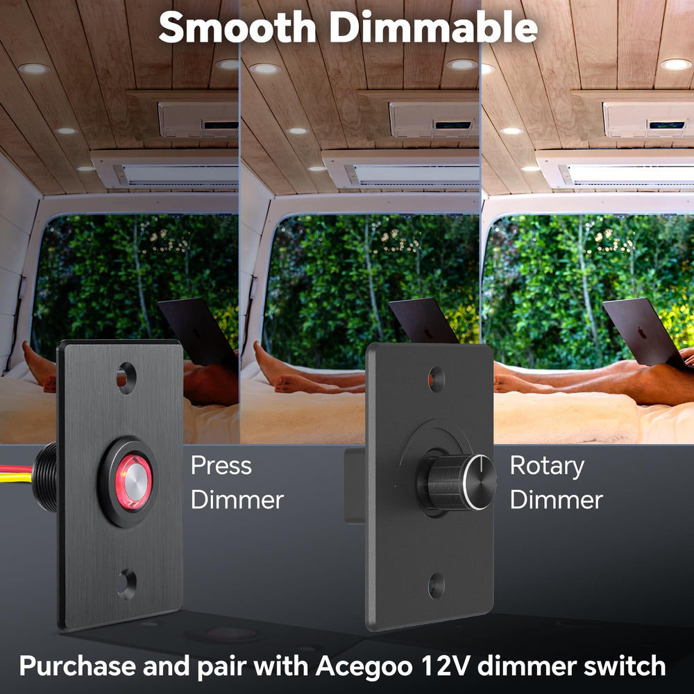 Acegoo RV puck light with dimmable 12V capability for versatile RV mood and task lighting.