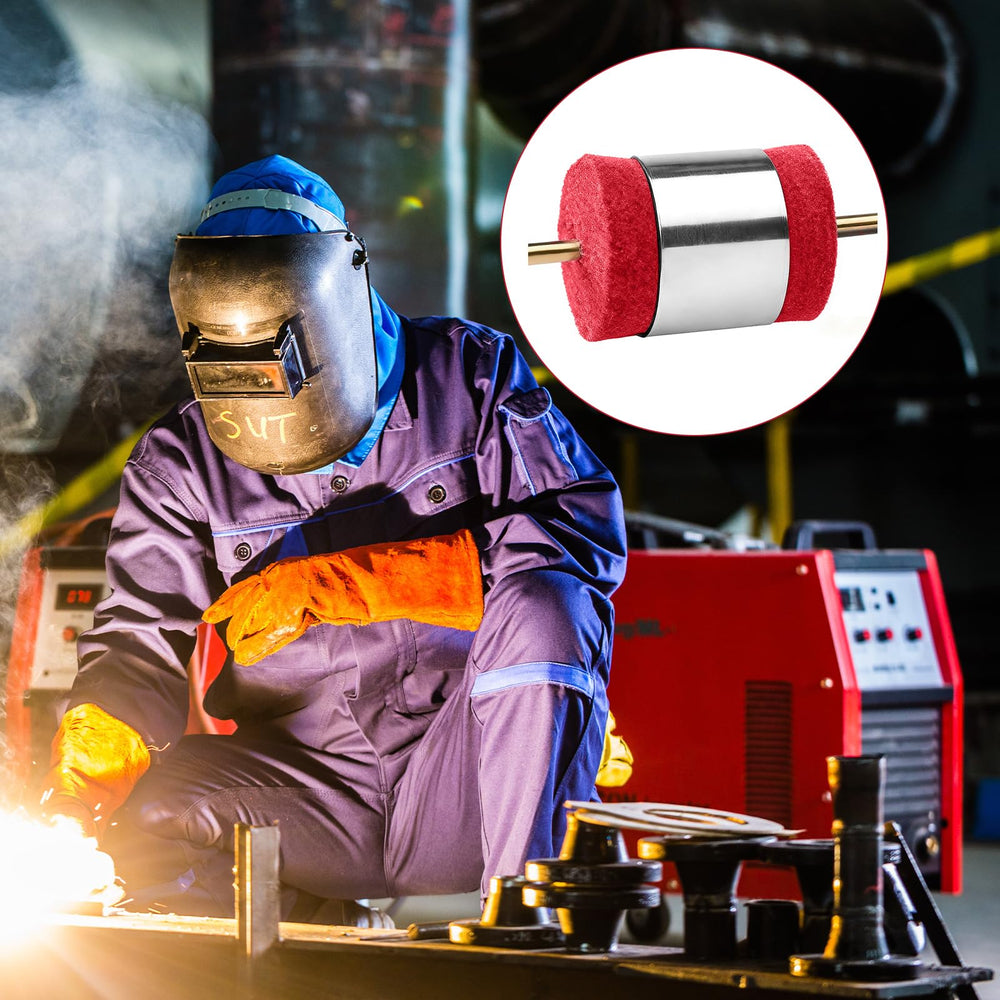 Acellegic red welding pad in action demonstrates cleaner wire feeds in a busy shop.