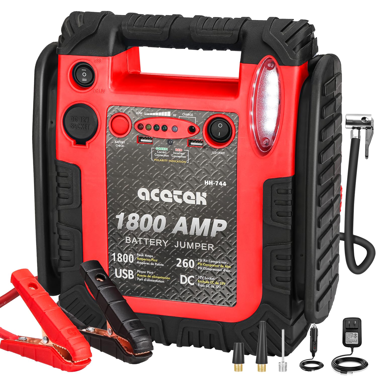 Acetek 1800A jump starter with air compressor, ready for quick car battery boosts.