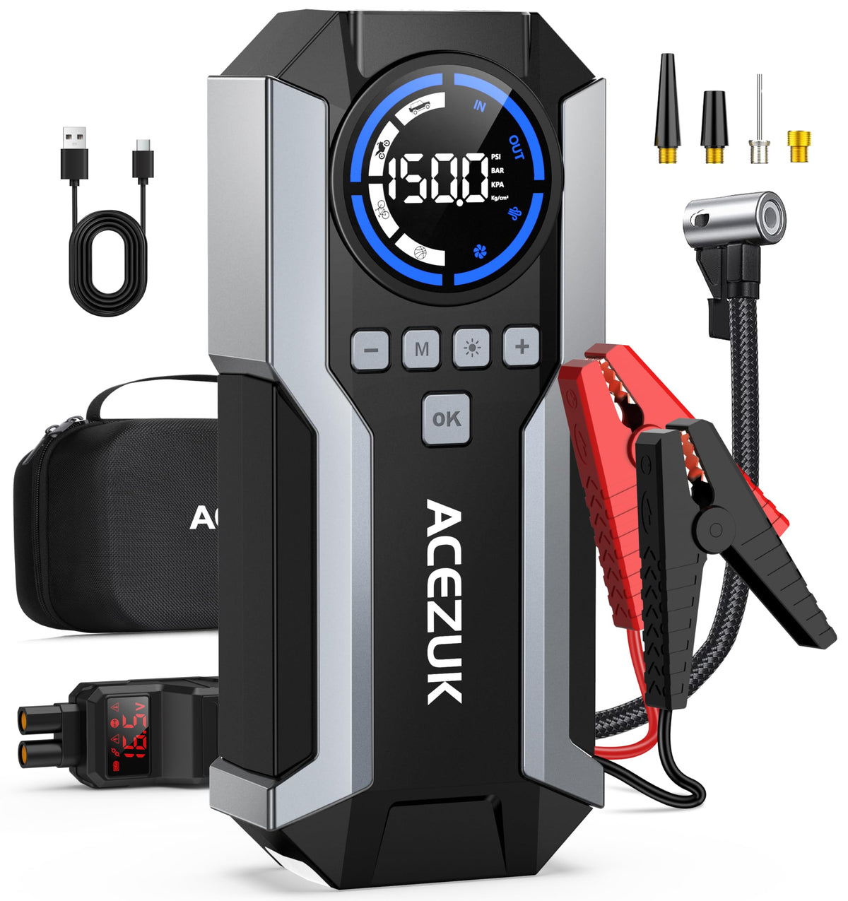 ACEZUK jump starter with air compressor front view for quick engine starts