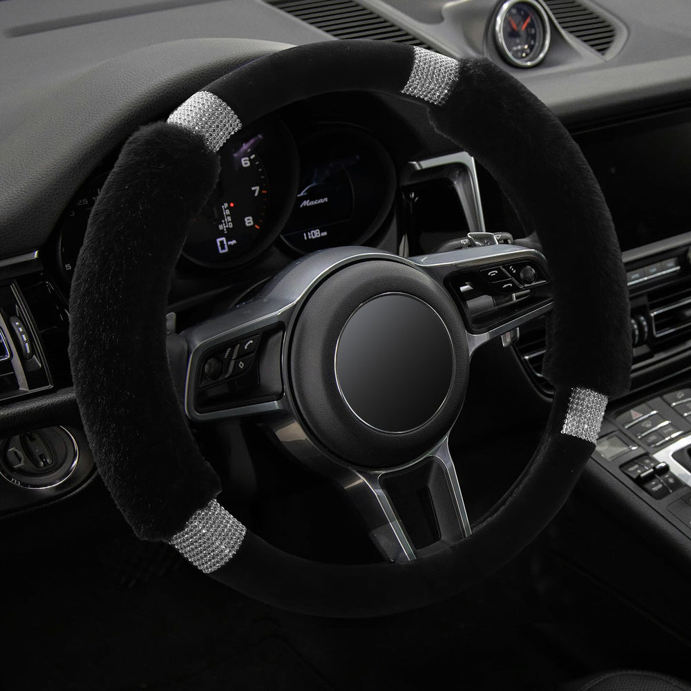 Achiou rhinestone fluffy steering wheel cover front view, enhances style and grip.
