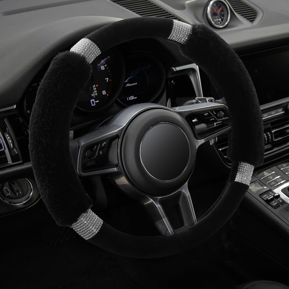 Achiou rhinestone fluffy steering wheel cover front view, enhances style and grip.