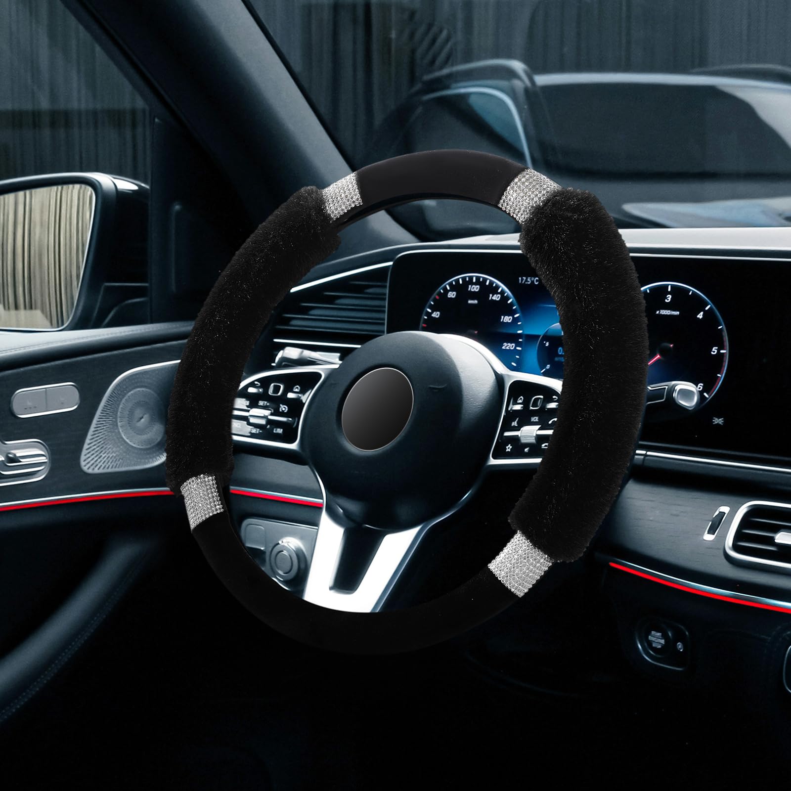 Achiou rhinestone fluffy steering wheel cover side view showing plush texture and sparkle.