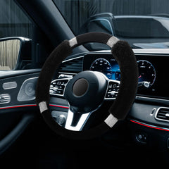 Achiou rhinestone fluffy steering wheel cover side view showing plush texture and sparkle.
