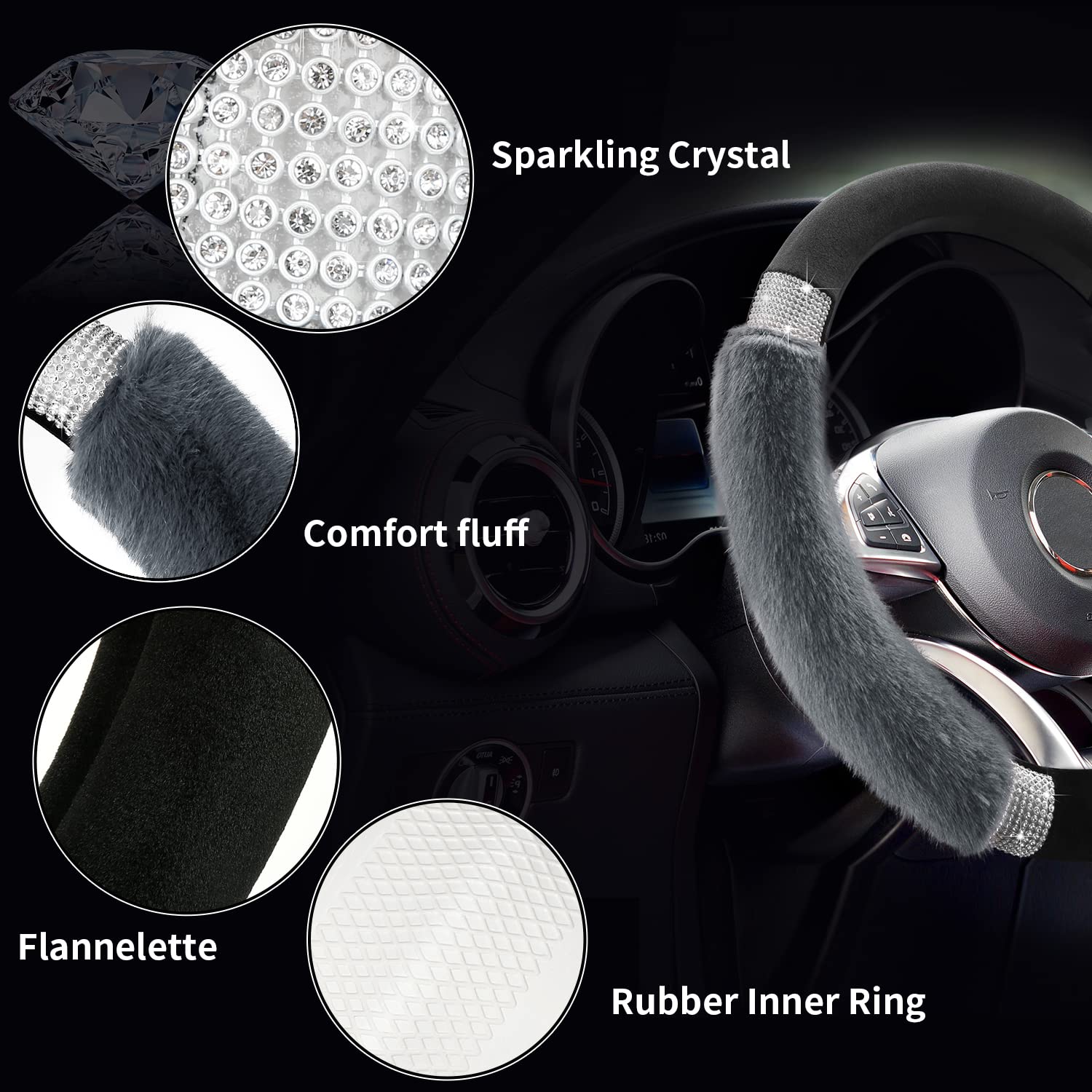 Achiou universal-fit 14.5-15 inch steering wheel cover shown in cabin.