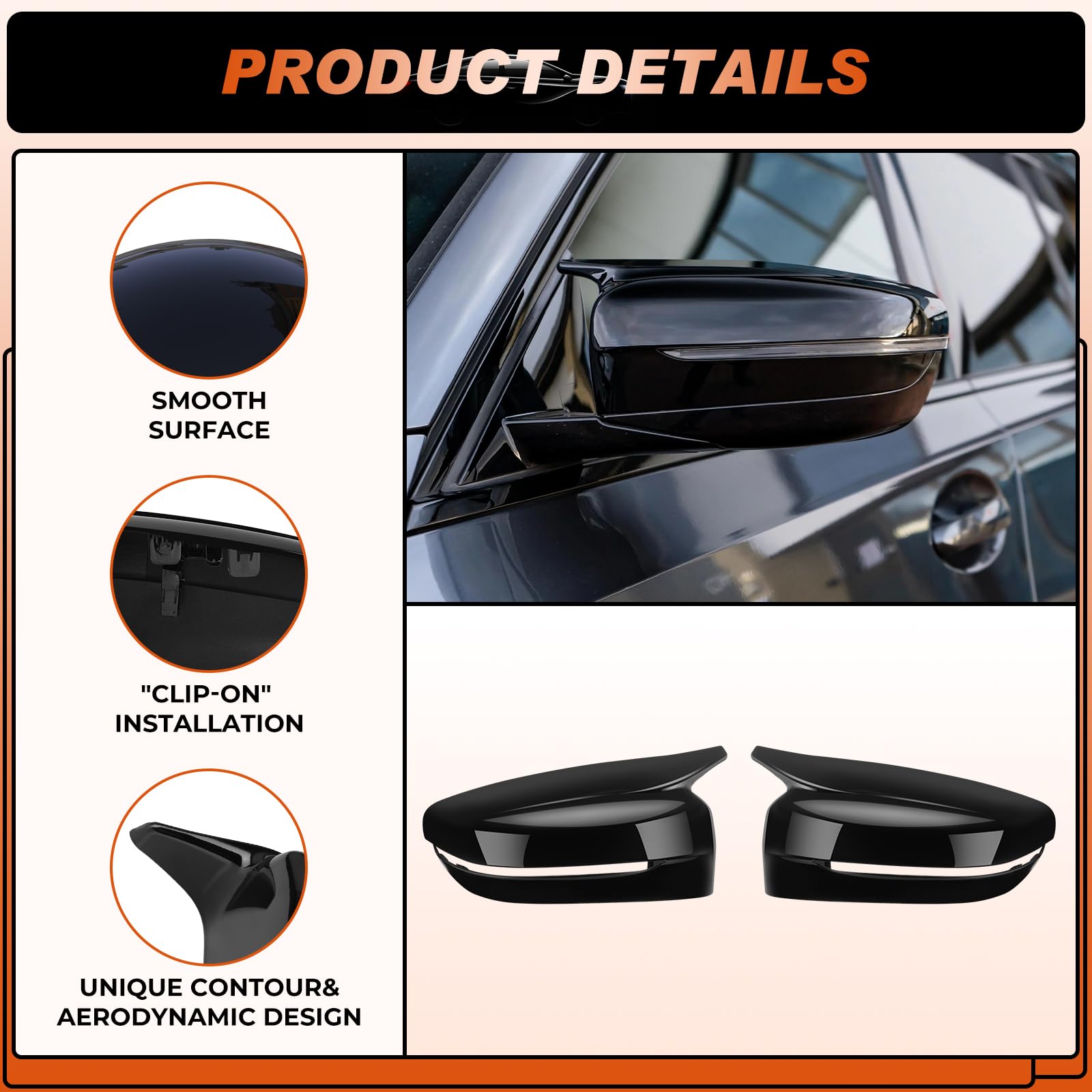 ACLONG glossy black mirror cover side profile left adds premium look and extra shield.