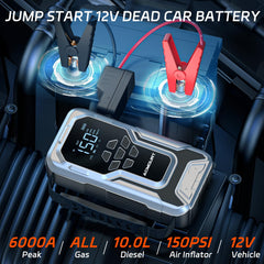 Acmount D18 jump starter digital display shows battery status and inflator settings.