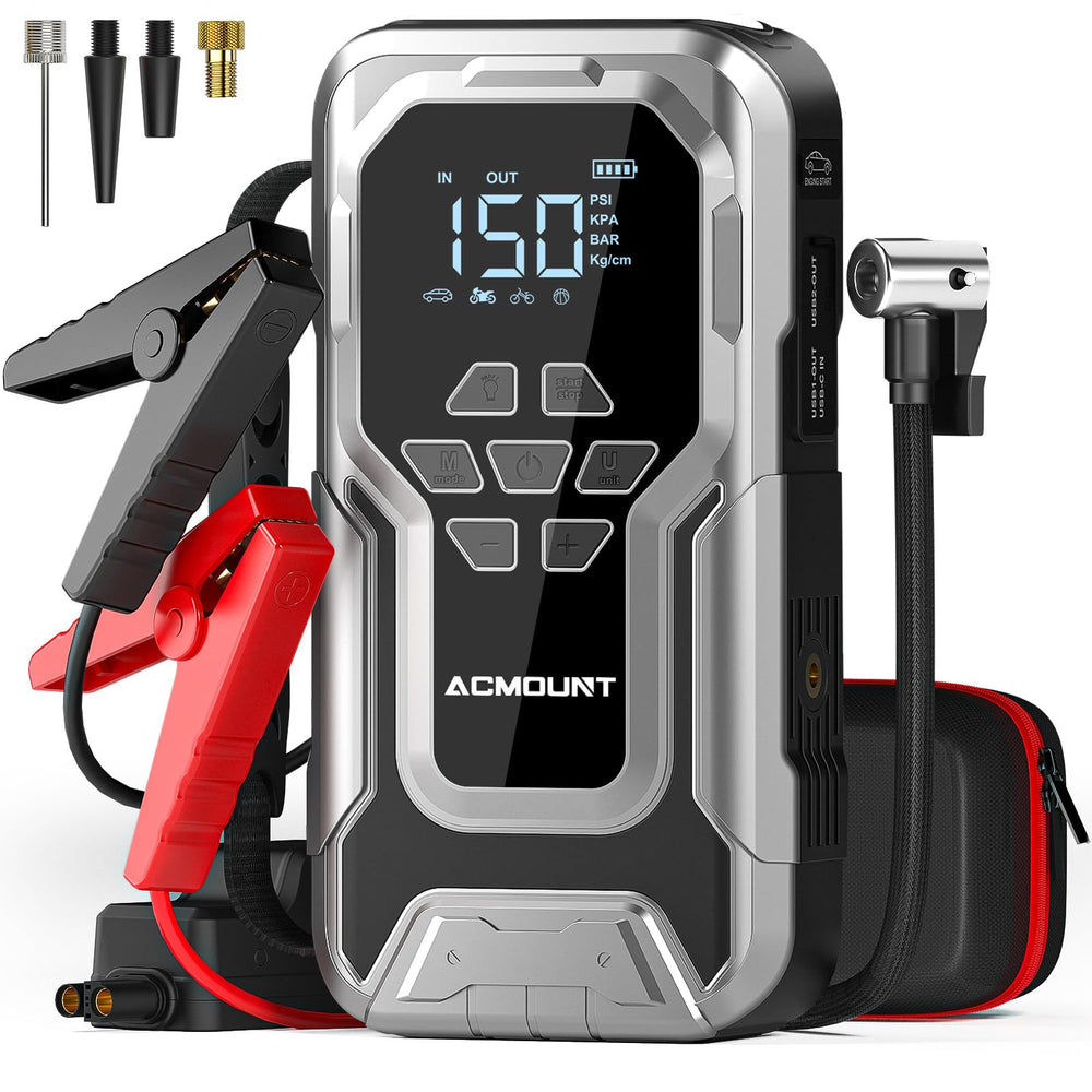 Acmount jump starter with air compressor unit shown for emergency power and inflation.