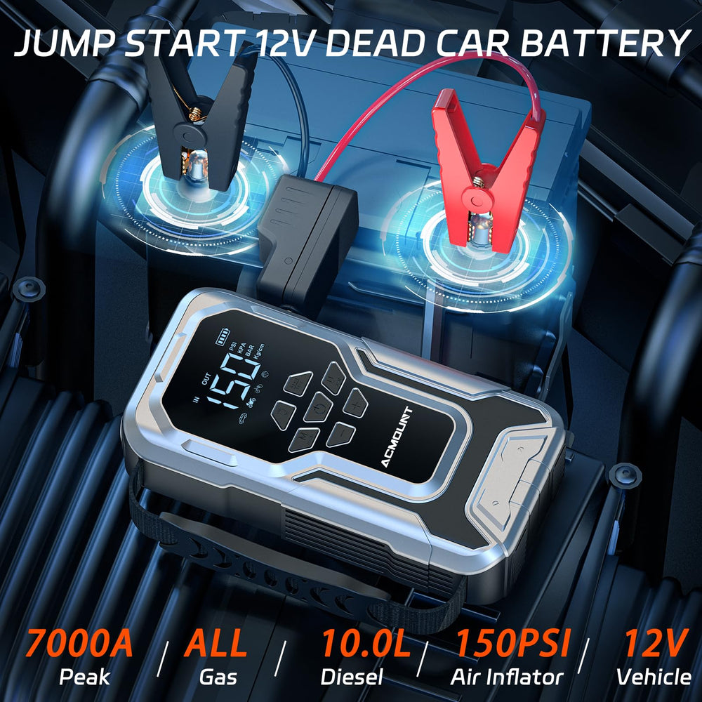 Acmount jump starter LCD display highlights PSI, BAR, and battery status.