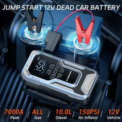 Acmount jump starter LCD display highlights PSI, BAR, and battery status.