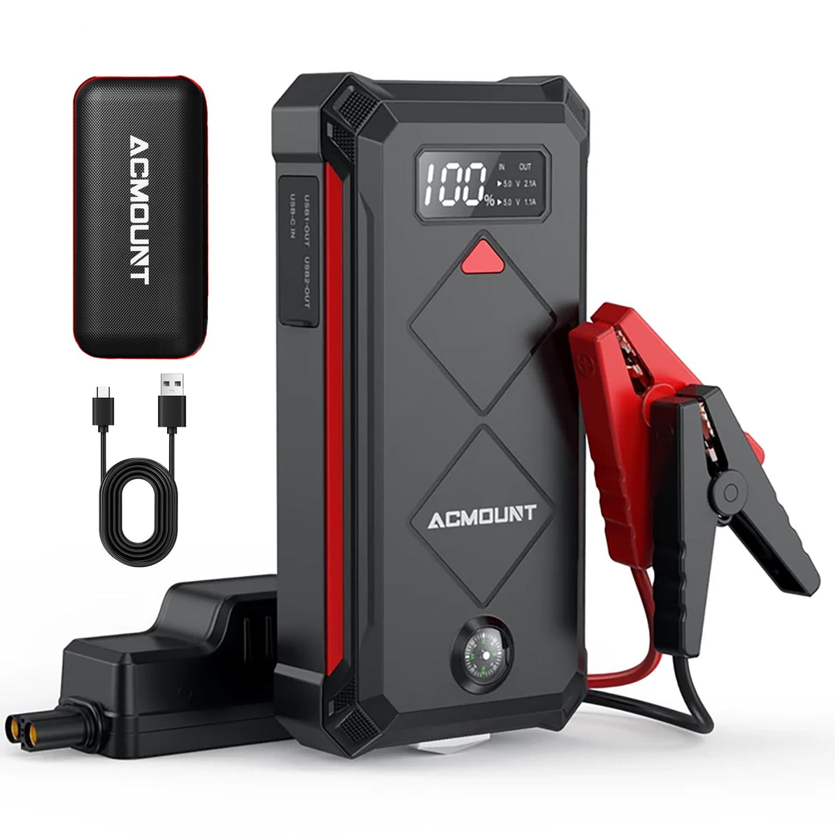 Acmount P100 front view with LED screen for quick vehicle boosts.