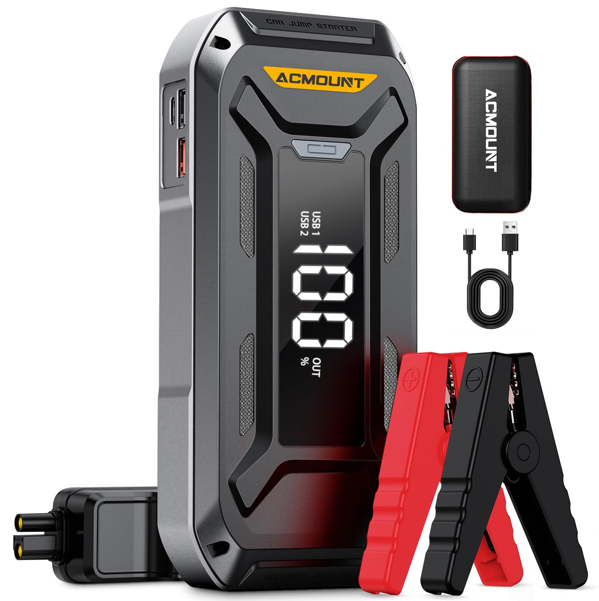 Acmount P120 front view showing the compact jump starter ready for emergencies