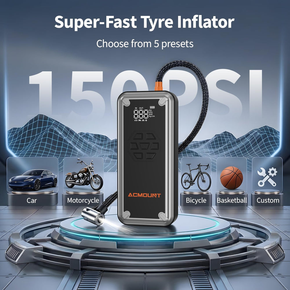 Acmount W160 150 PSI air pump gauge for fast inflation.