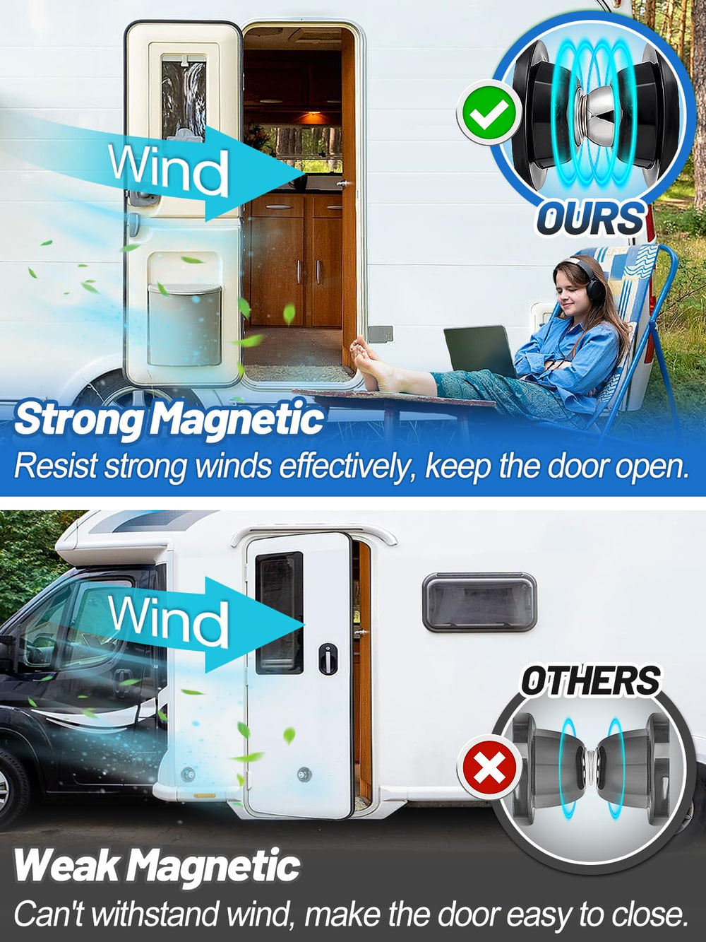 Close-up of Acostop RV magnetic door catch head showing round magnet for multi-angle attachment.