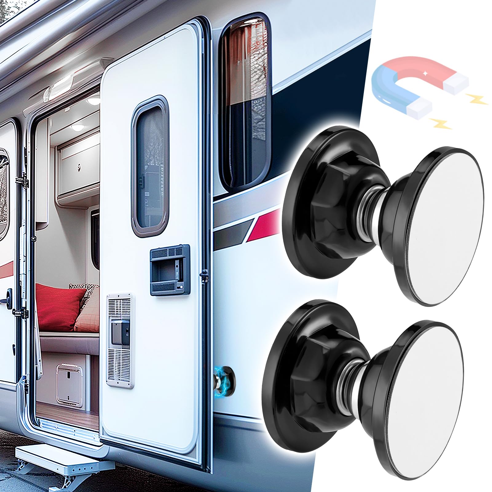 Acostop RV magnetic door catch kit with adhesive and screws for quick, secure installation.