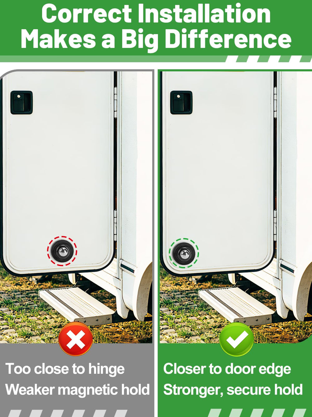 Screw fixing option provides extra stability for heavy RV doors.
