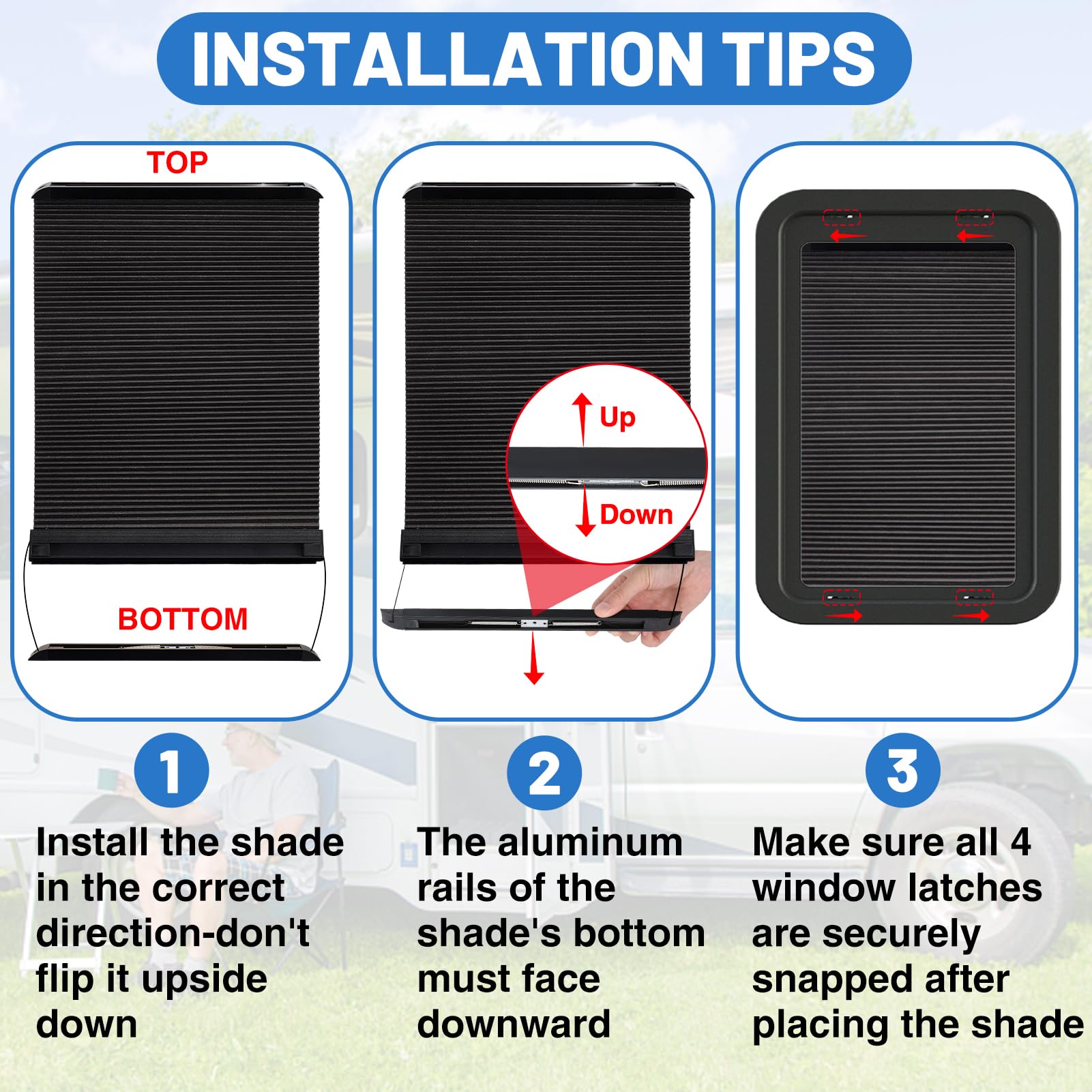 Acostop shade bottom magnets lock securely for full closure and wrinkle resistance.