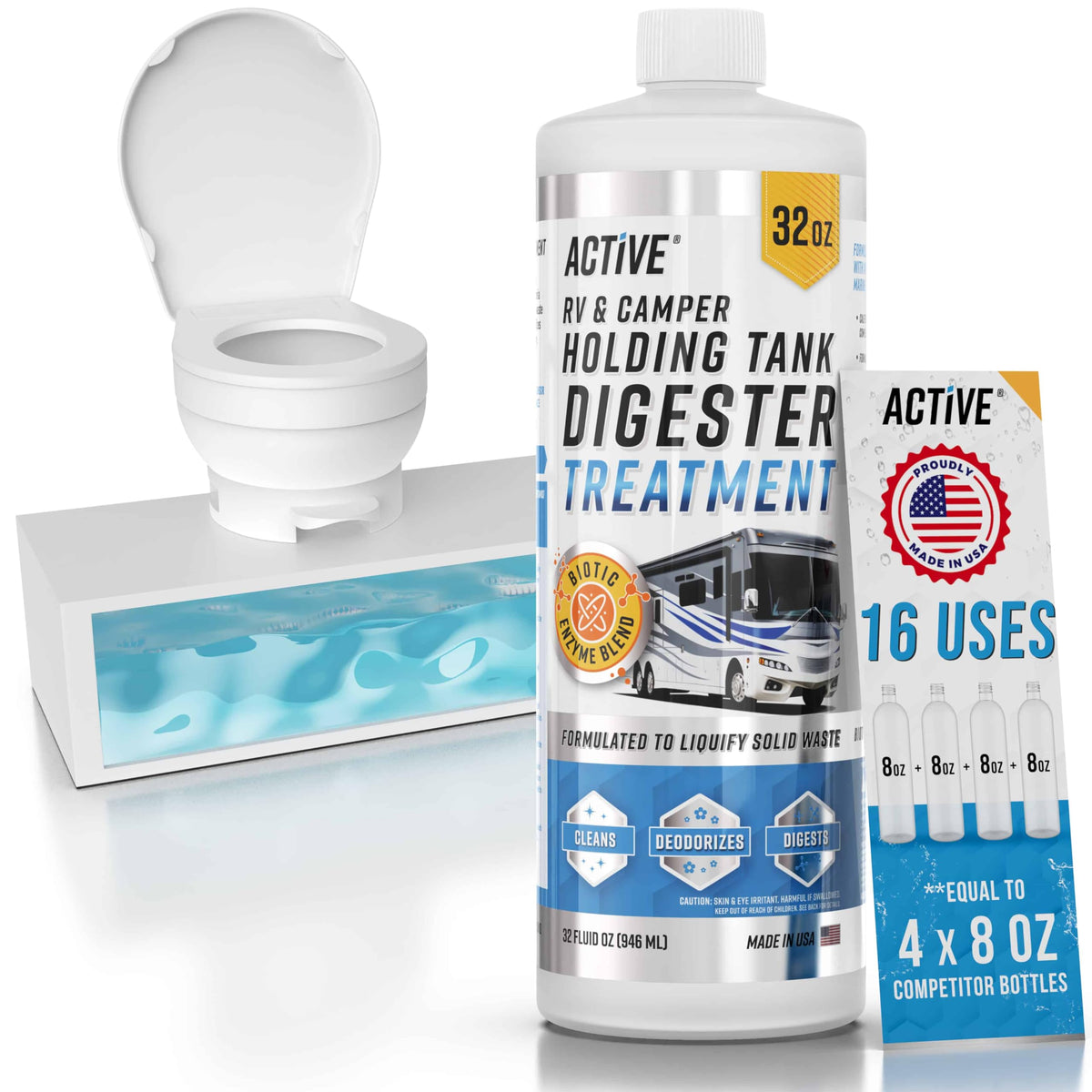 ACTIVE RV Black Tank Treatment bottle ready to pour to control tank odors.