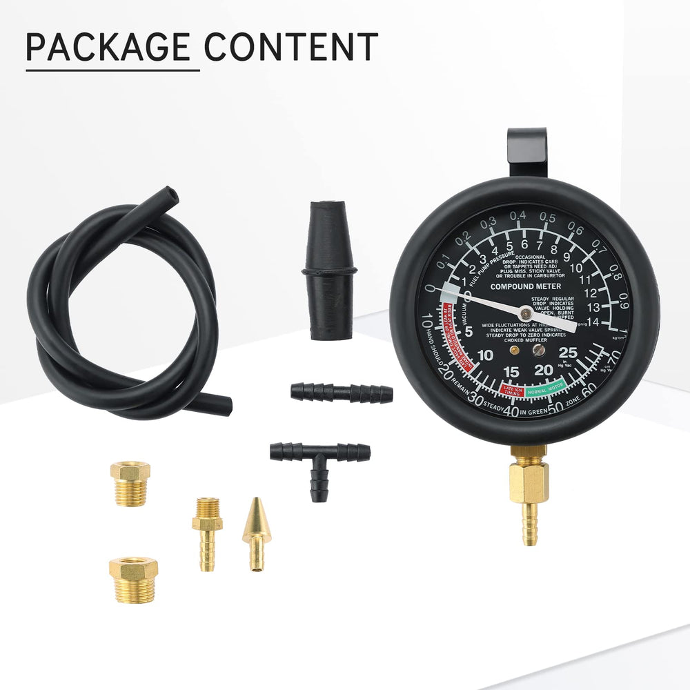 Acymner four inch dial gauge clearly reads fuel pressure and vacuum