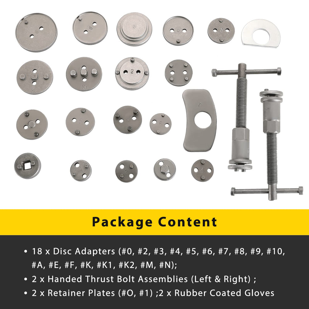 Acymner tool kit with left-right bolts enabling smooth caliper retraction.