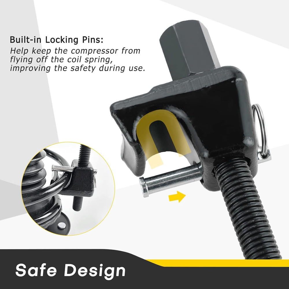Acymner MacPherson safety latches lock onto the spring to prevent accidental release.