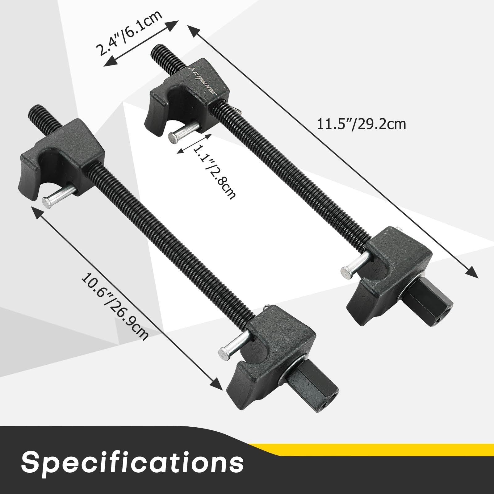 Acymner MacPherson strut compressor front view highlighting forged hooks and robust build.