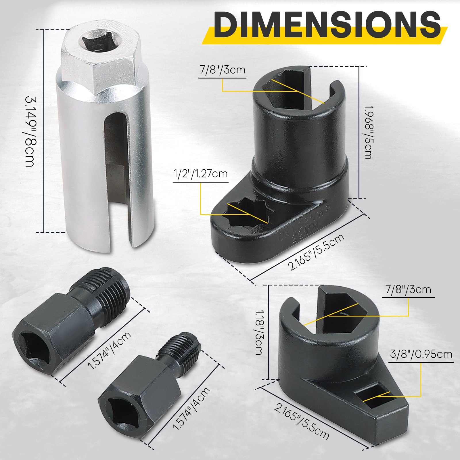 Acymner o2 sensor socket set fits 3/8 and 1/2 inch drives.