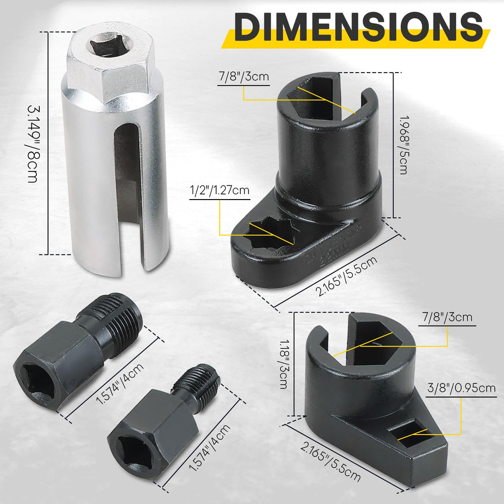 Acymner o2 sensor socket set fits 3/8 and 1/2 inch drives.