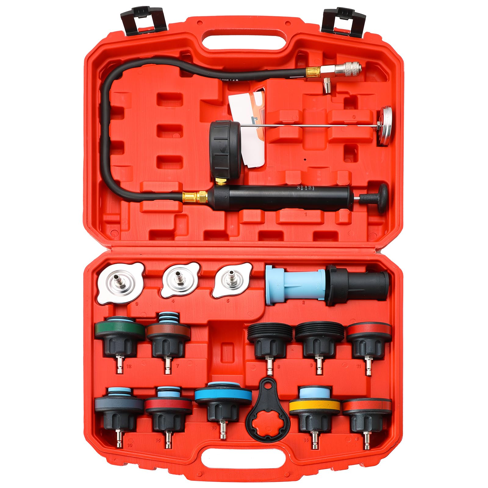 Acymner radiator pressure tester with pump and gauge for coolant leak checks.