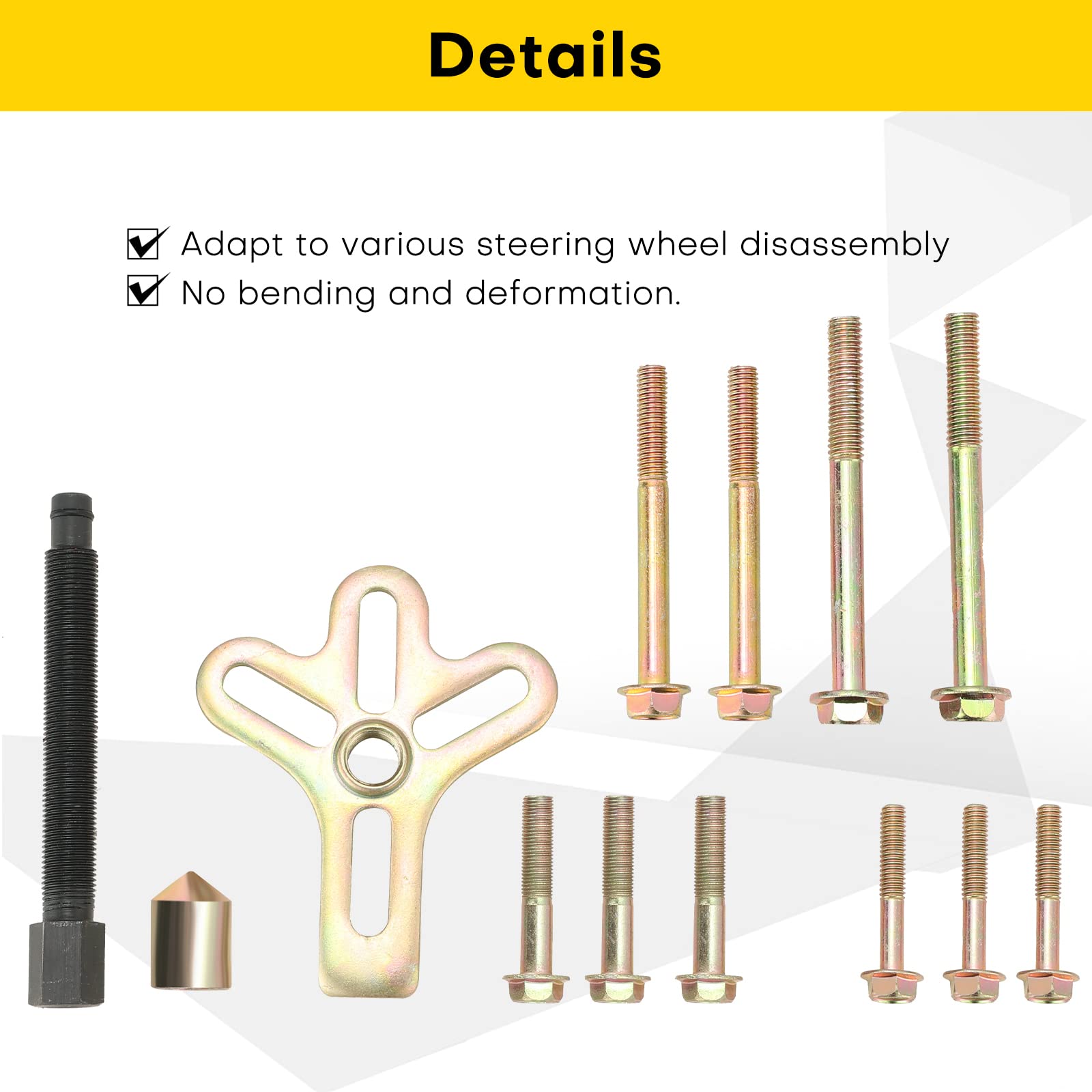 Acymner steering wheel puller assembly ready for safe disassembly