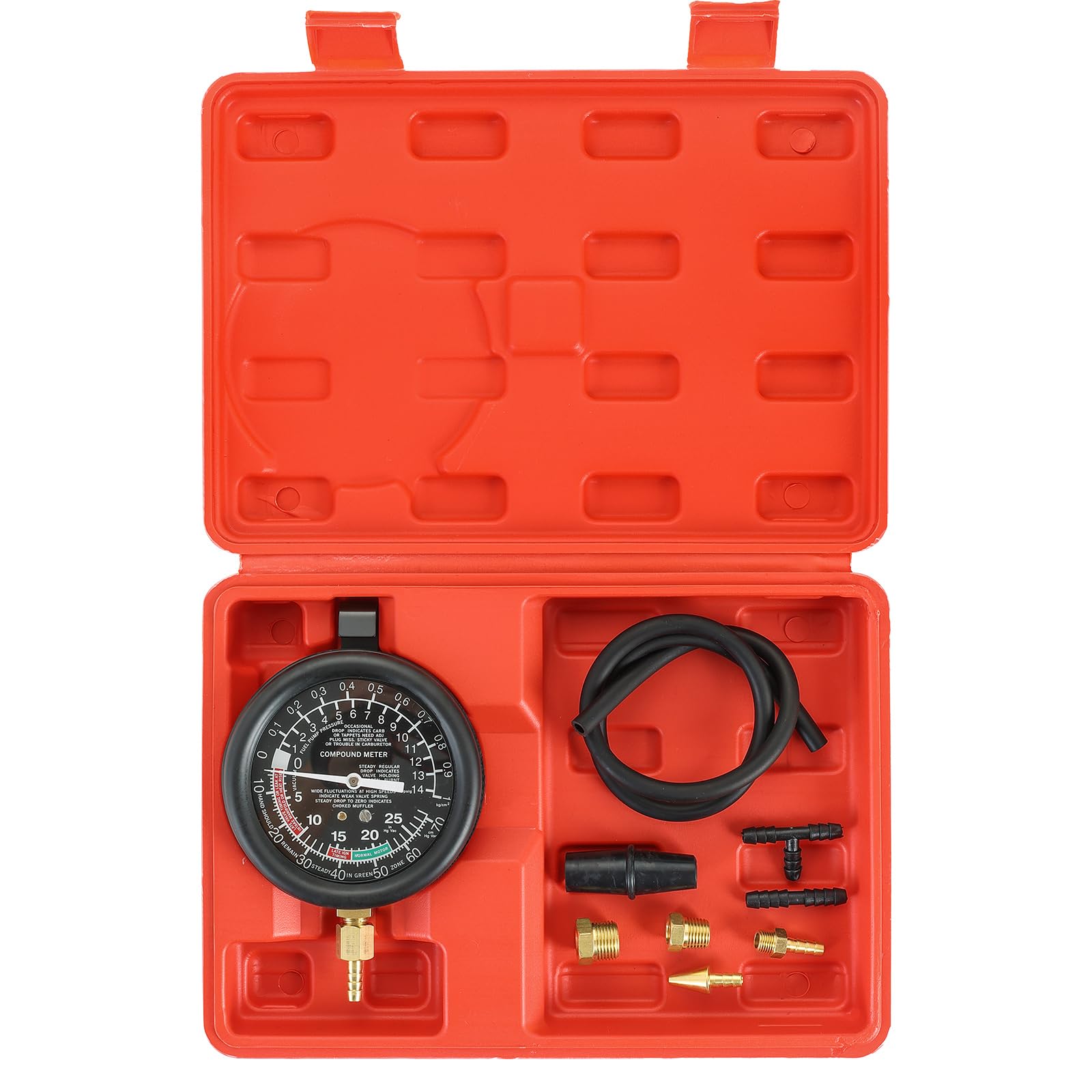 Acymner vacuum and fuel pump tester kit shown for engine diagnostics with complete readings