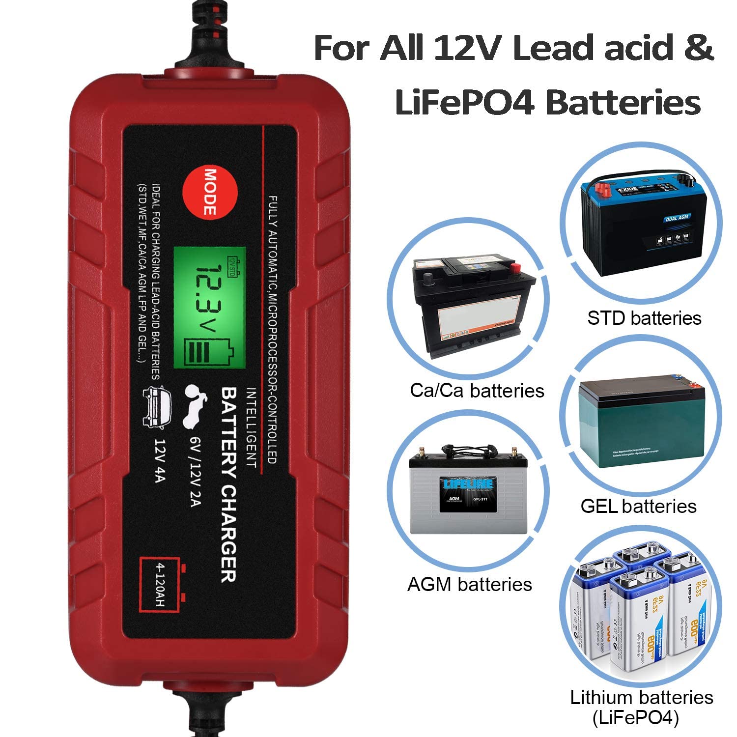 Adakiit 6V/12V compatibility for diverse battery types.
