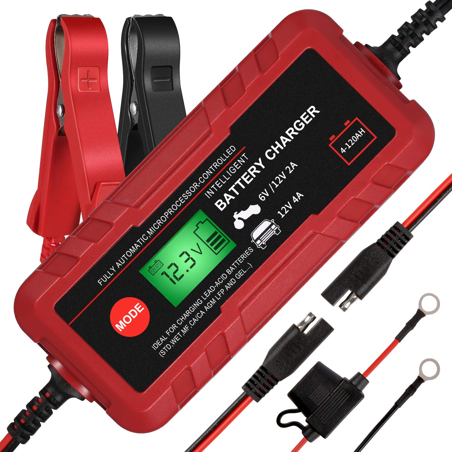 Adakiit battery charger LCD display shows voltage and mode for easy monitoring.