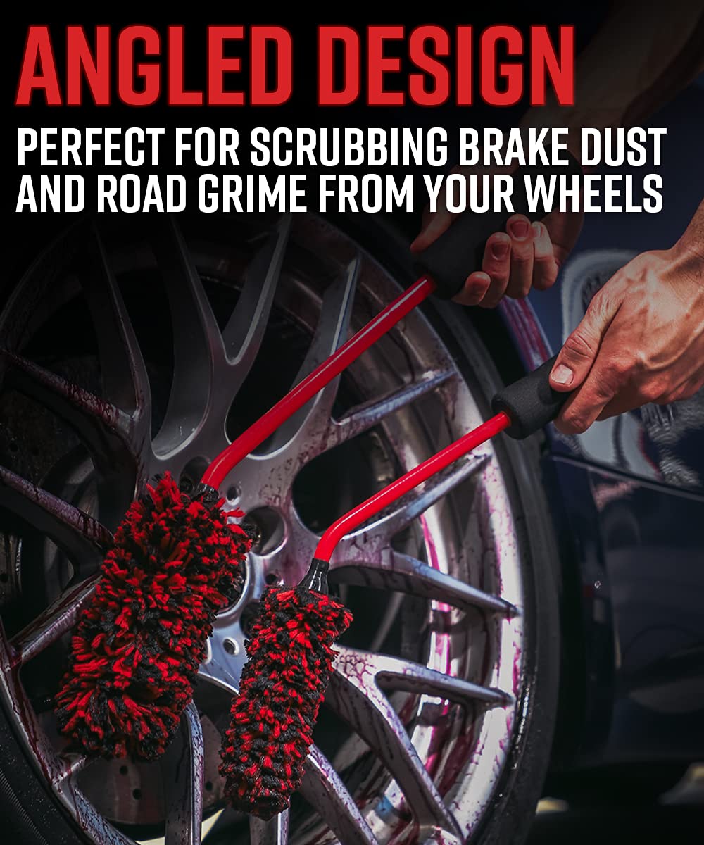 Adam's Polishes angled wheel brush removes brake dust from barrels with chemical-resistant bristles