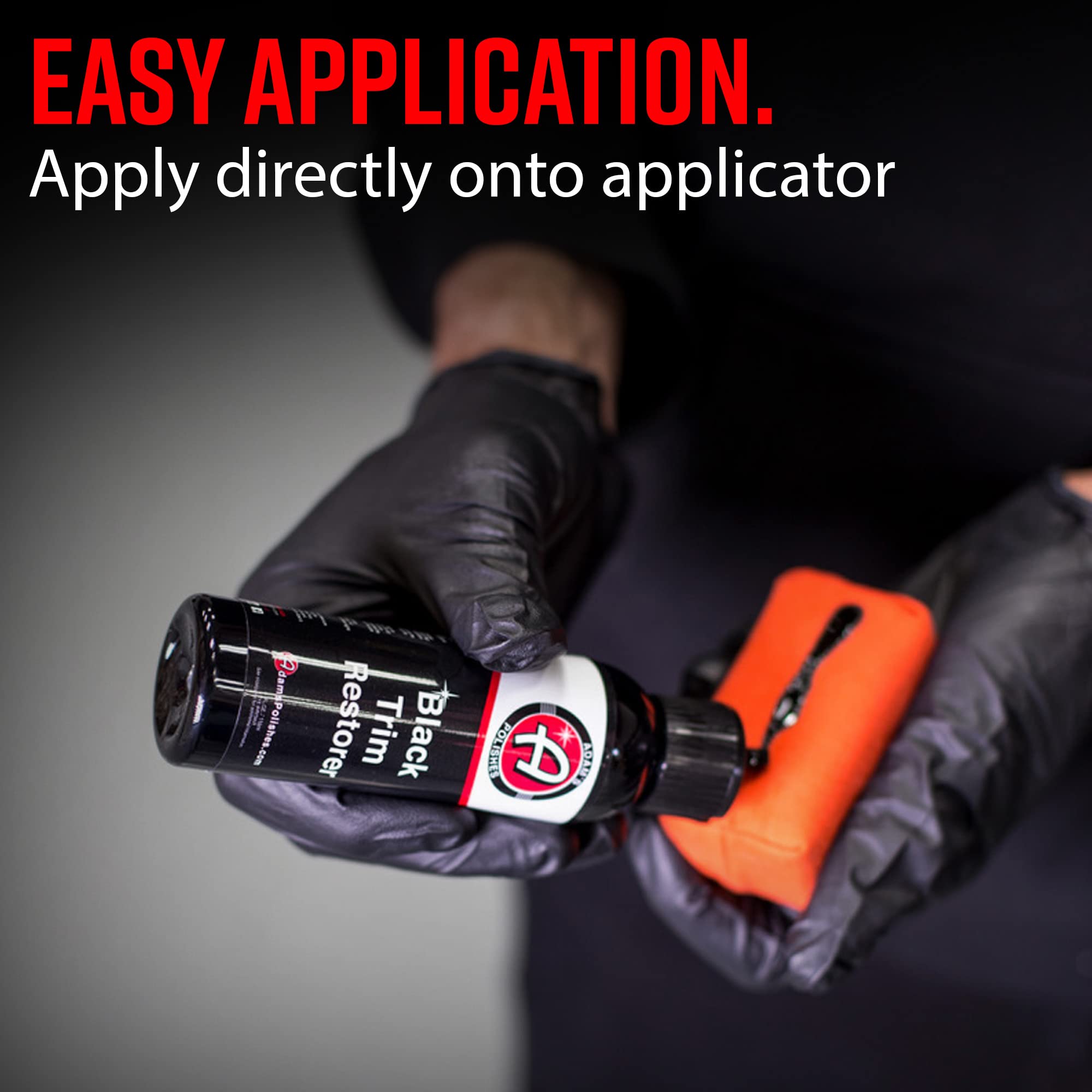 Adam's Polishes Black Trim Restorer application pad highlights precise coverage in tight spots