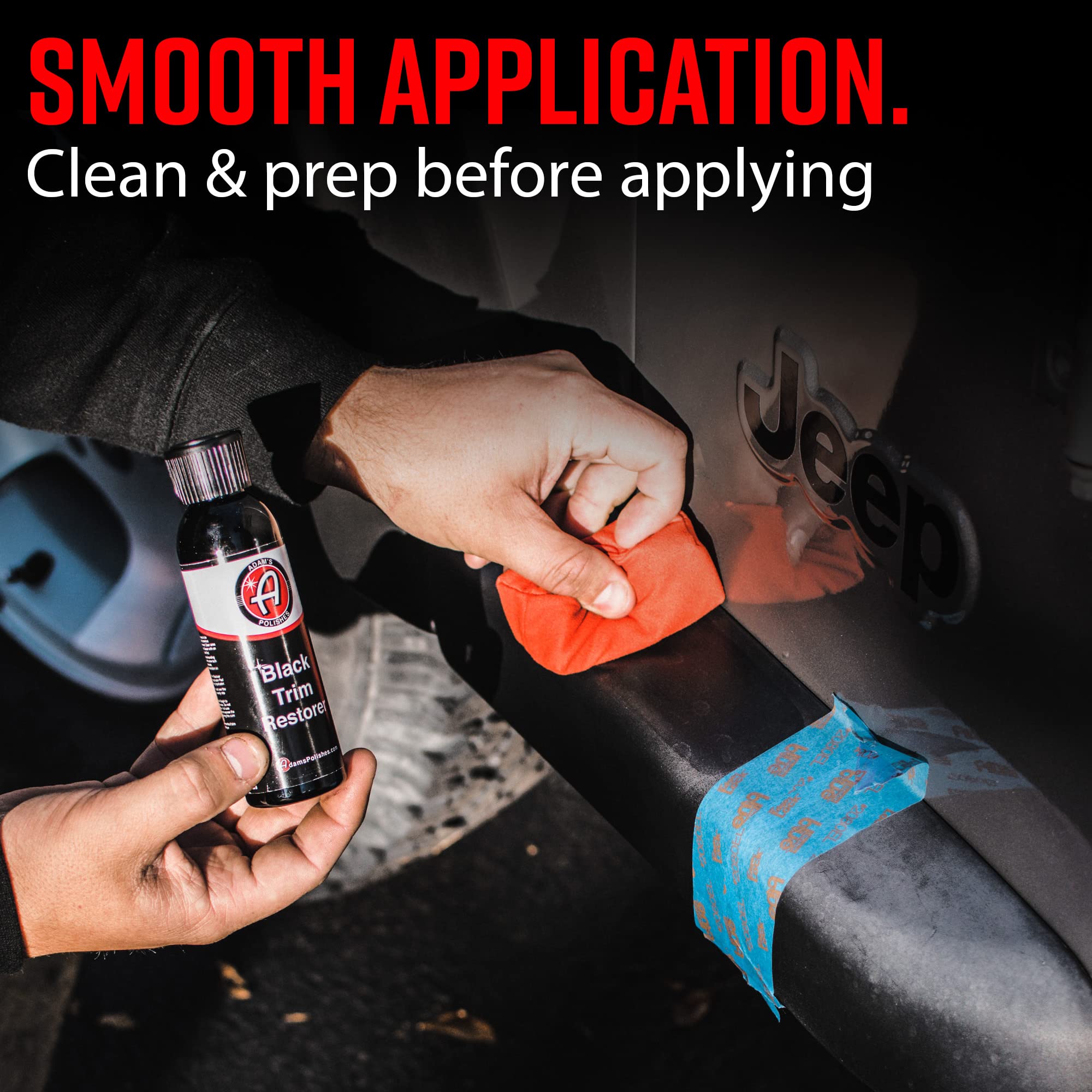 Adam's Polishes Black Trim Restorer before after showcases dramatic color renewal