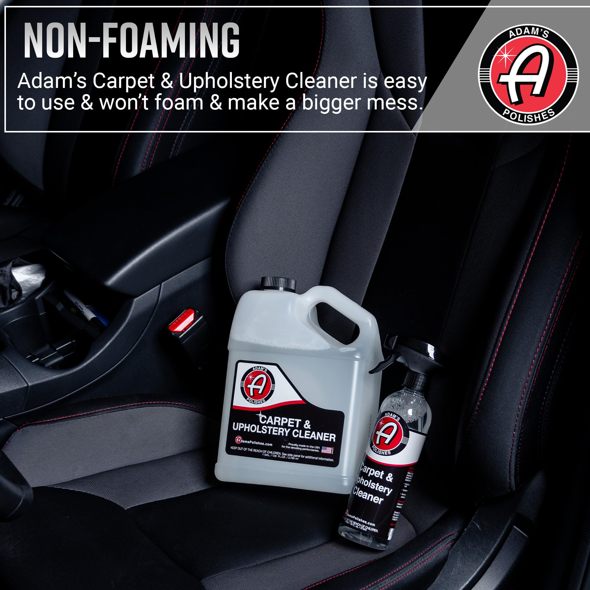 Adam's Polishes Carpet Cleaner on seats demonstrates effective stain removal without scrubbing.