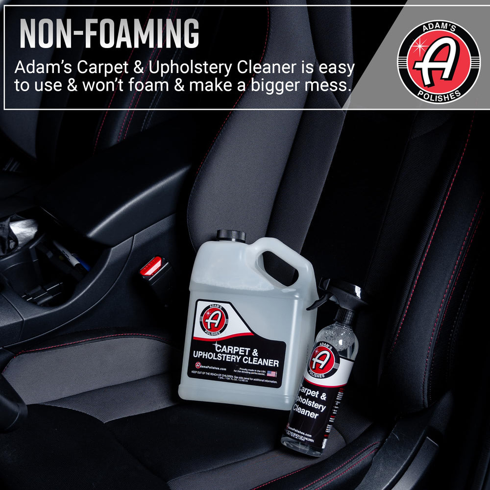 Adam's Polishes Carpet Cleaner on seats demonstrates effective stain removal without scrubbing.