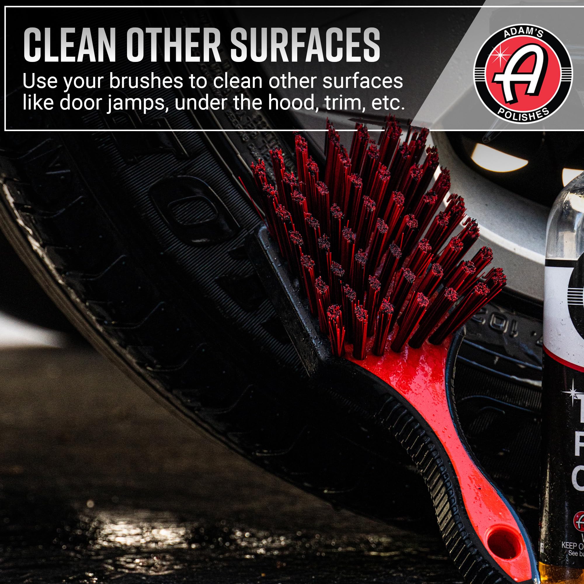 Adam's Polishes cleaning tools closeup highlights durable bristles.