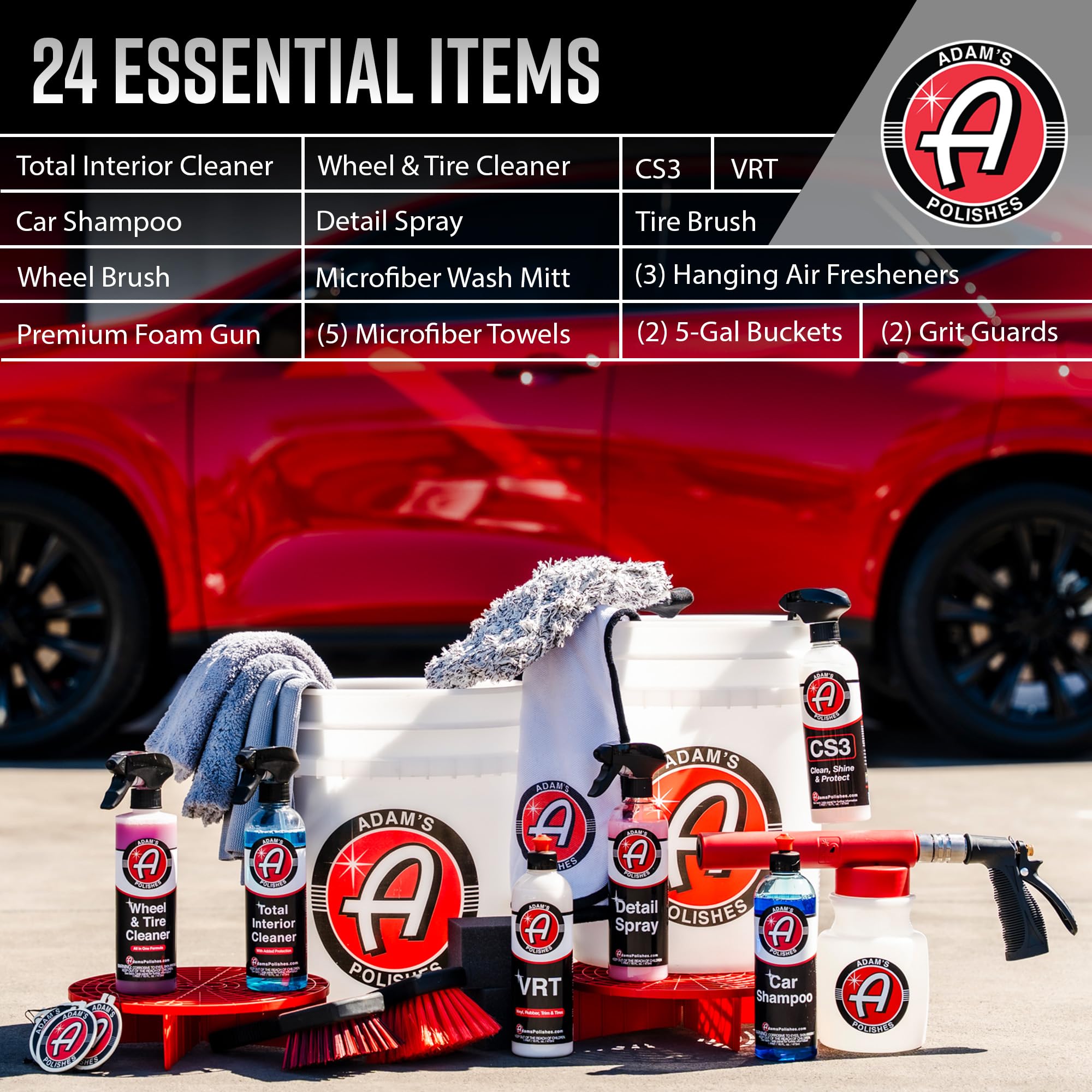 Adam's Polishes Essential Kit bucket keeps washing organized and efficient.