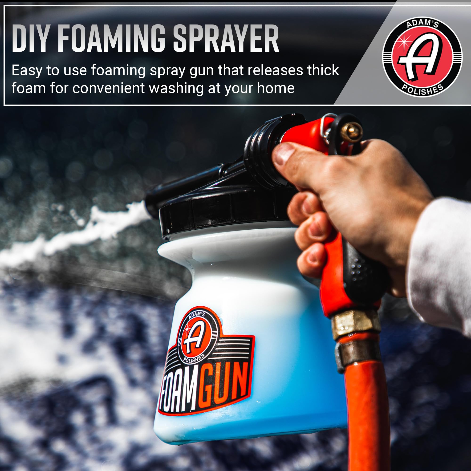 Adam's Foam Gun features a 32oz canister for extended foam sessions.
