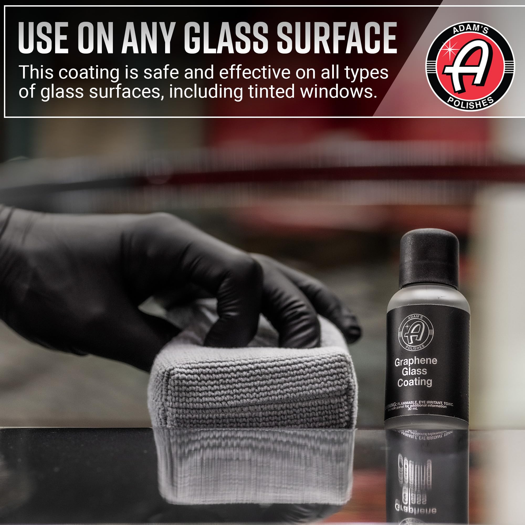Adam's Polishes Graphene Glass Coating packaging emphasizes USA-made quality and reliability