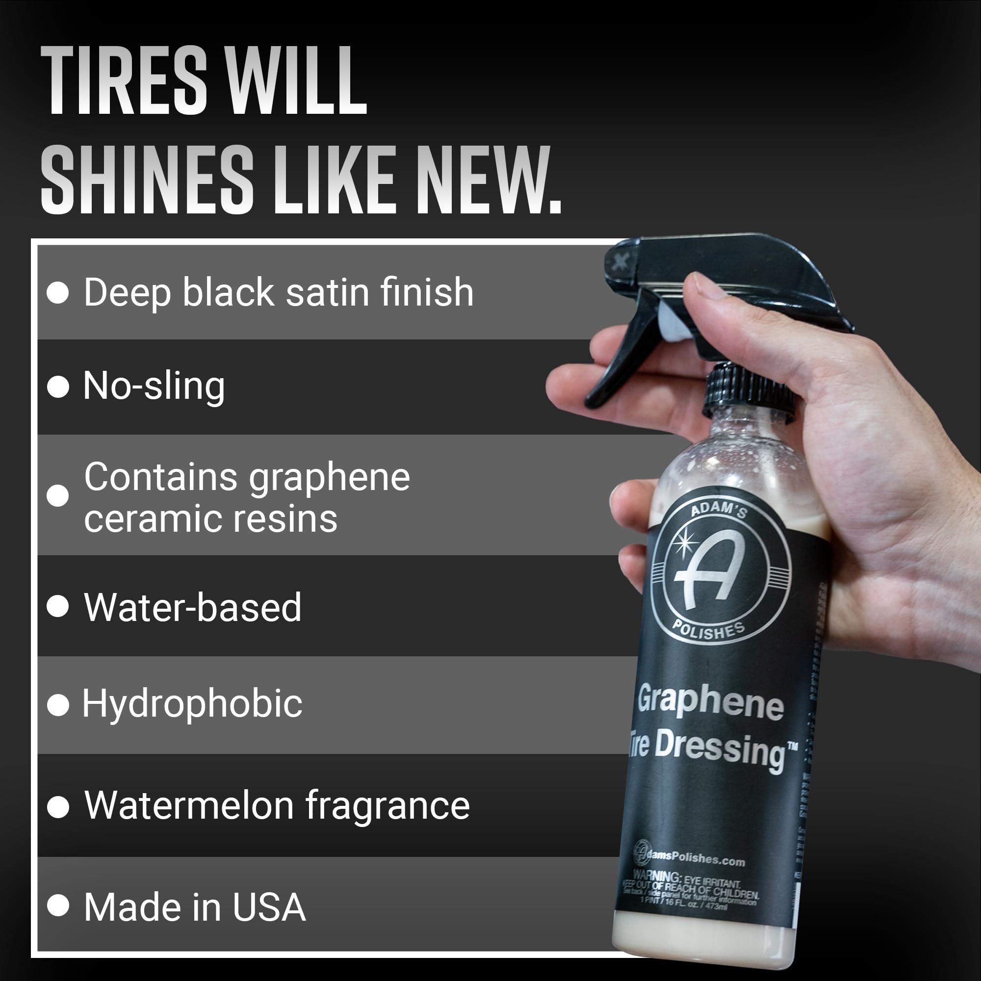 Adam's Graphene Tire Dressing applied on tire face for a clean, like-new appearance.