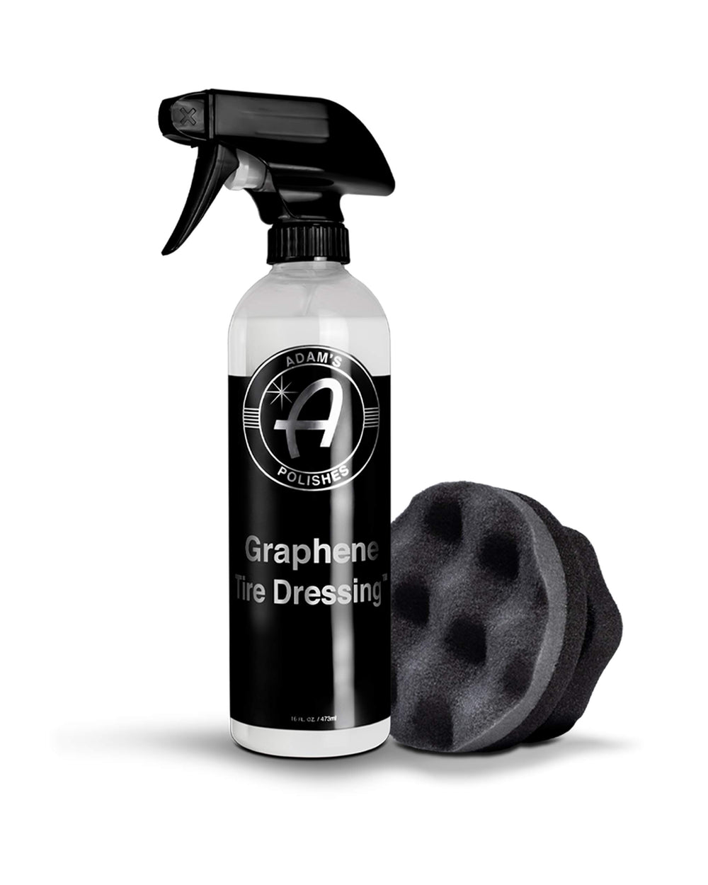 Adam's Polishes Graphene Tire Dressing bottle closeup hints at a deep black satin finish.