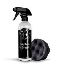 Adam's Polishes Graphene Tire Dressing bottle closeup hints at a deep black satin finish.