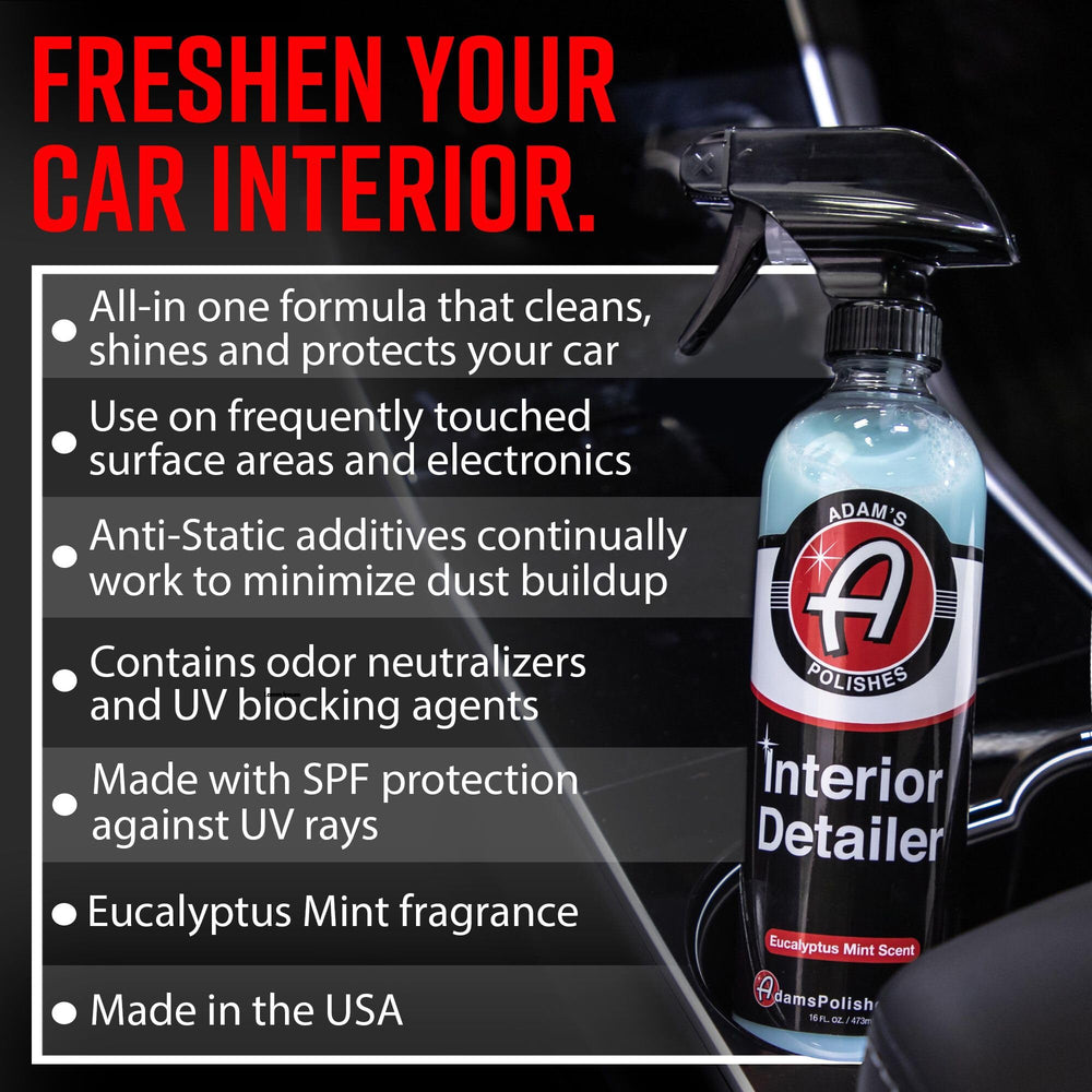 Adam's Polishes Interior Detailer spray nozzle delivers even mist on dashboard.