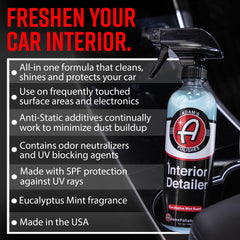 Adam's Polishes Interior Detailer spray nozzle delivers even mist on dashboard.