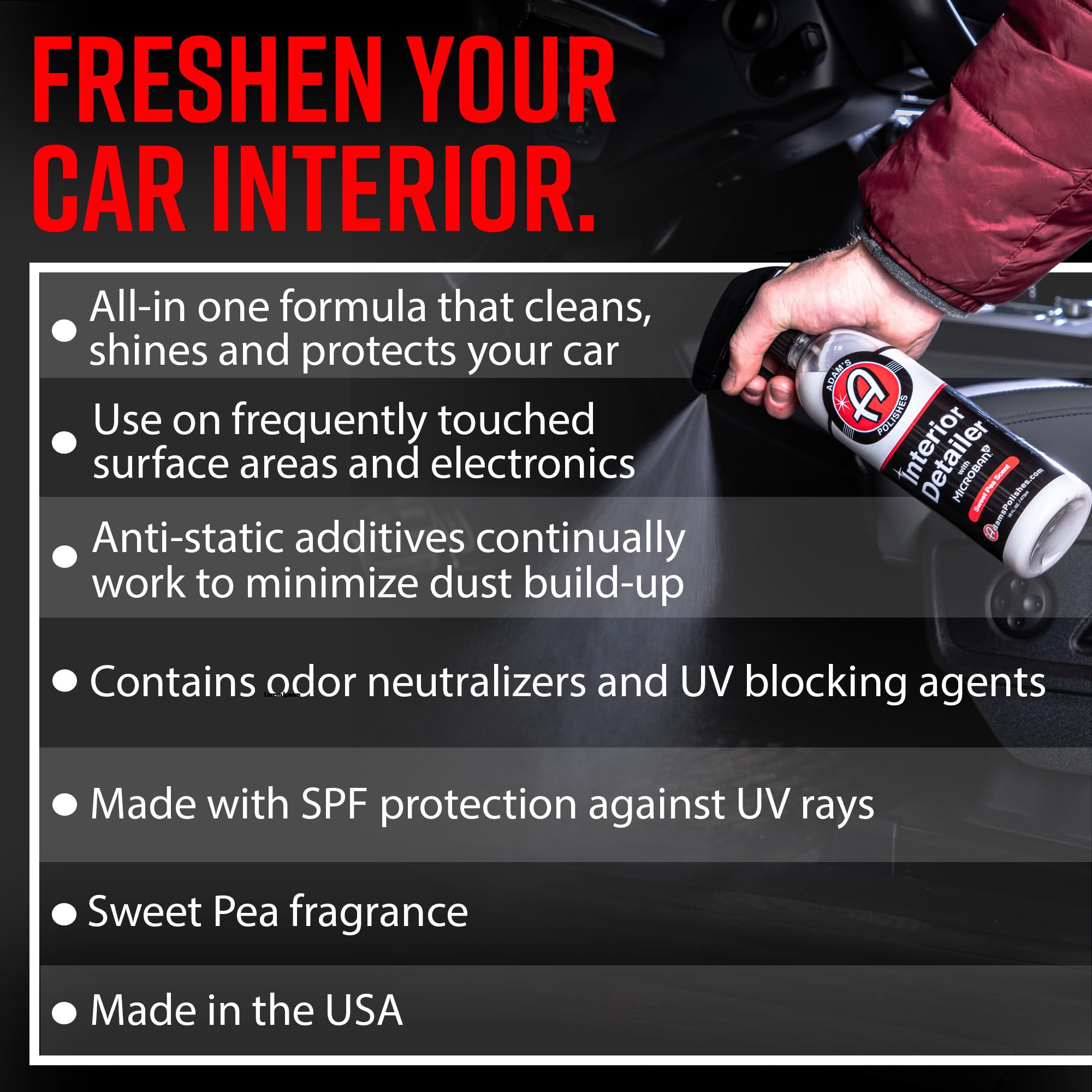 Adam's Polishes Interior Detailer Sweet Pea label closeup highlights premium branding and clarity.