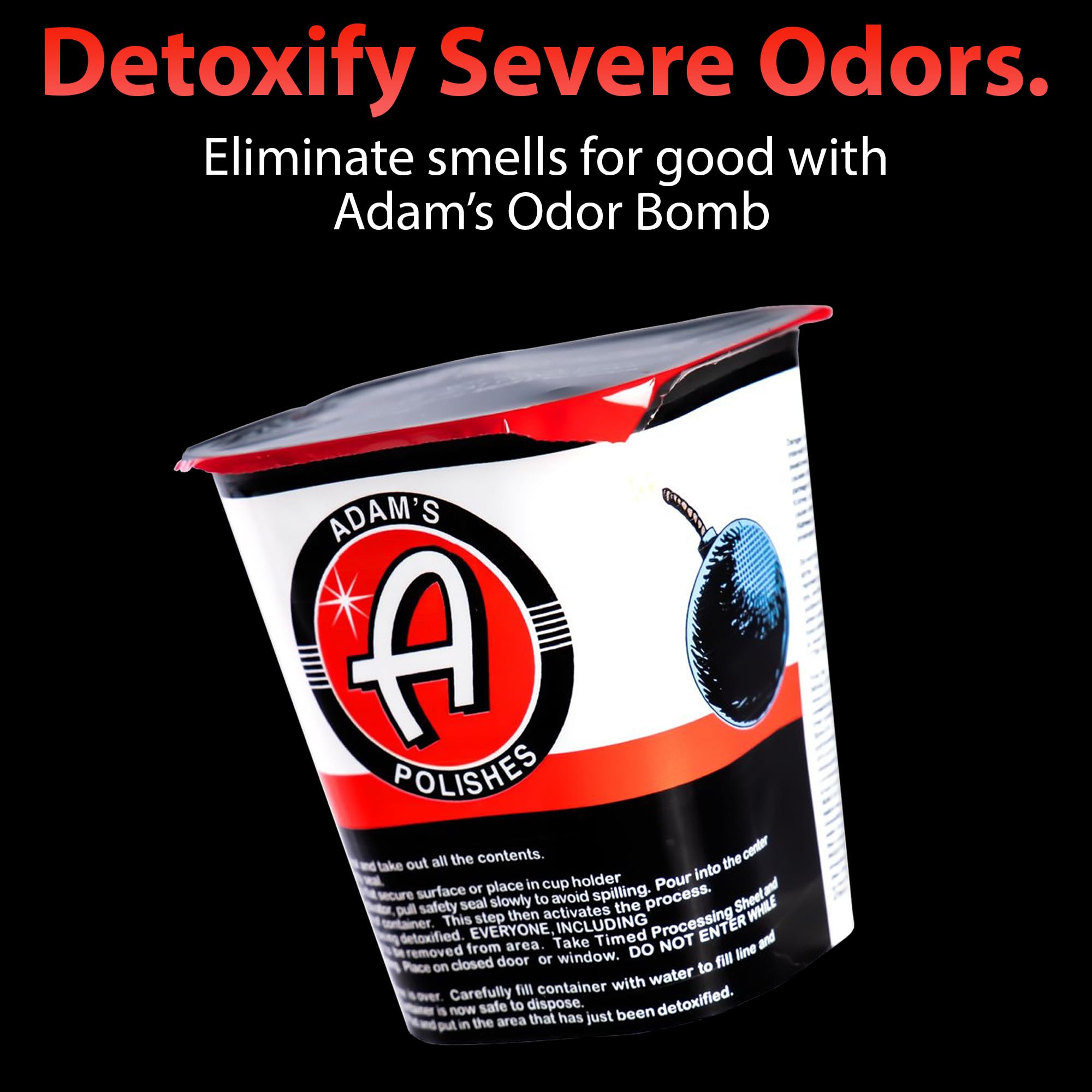 Adam’s Polishes Odor Bomb closeup label, highlighting chlorine dioxide power and safe use
