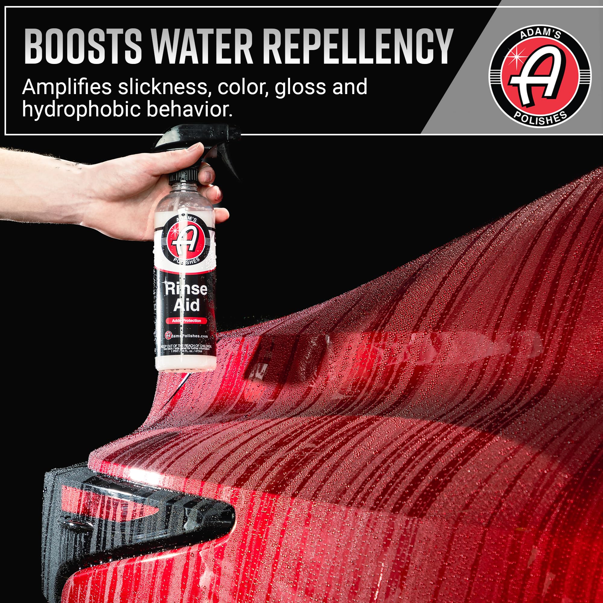 Adam's Polishes rinse aid application on car exterior shows quick use.